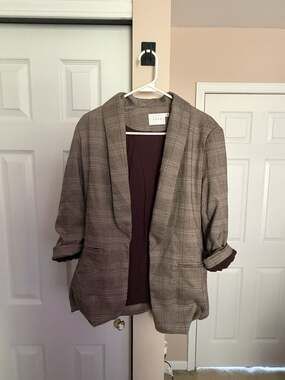 Lush Blazer Size M Coffee Multi Plaid Open Front Shawl Collar